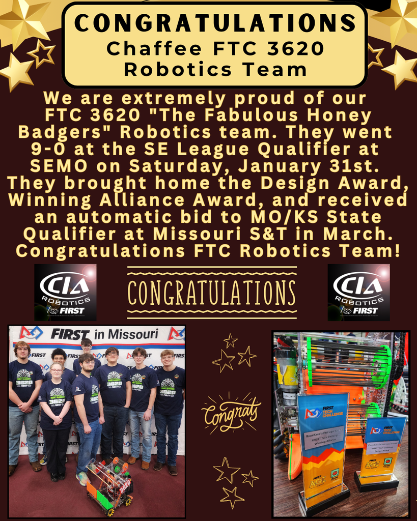 Congratulations Chaffee FTC 3620 Robotics Team