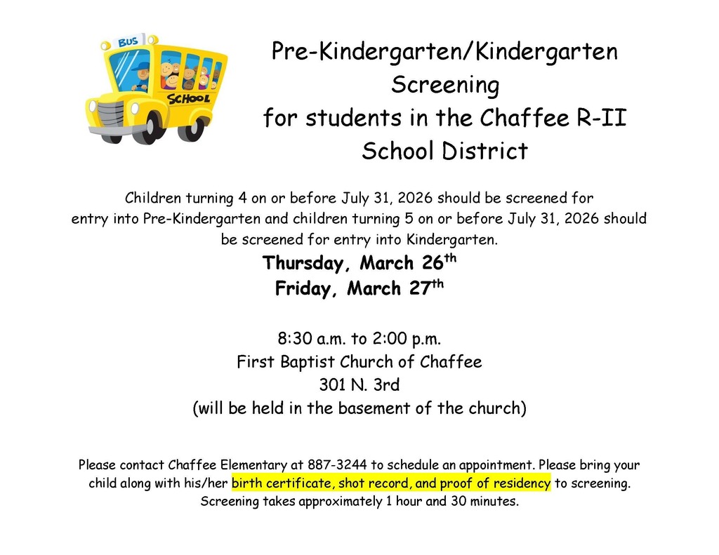 Pre-Kindergarten/Kindergarten Screening on March 26 and March 27