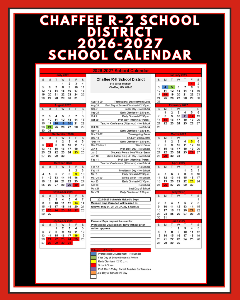Chaffee R-2 School District Calendar for 2026-2027