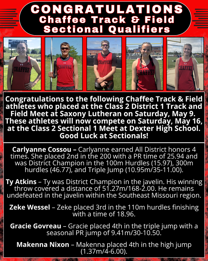 Congratulations Chaffee Track & Field Sectional Qualifiers 2026