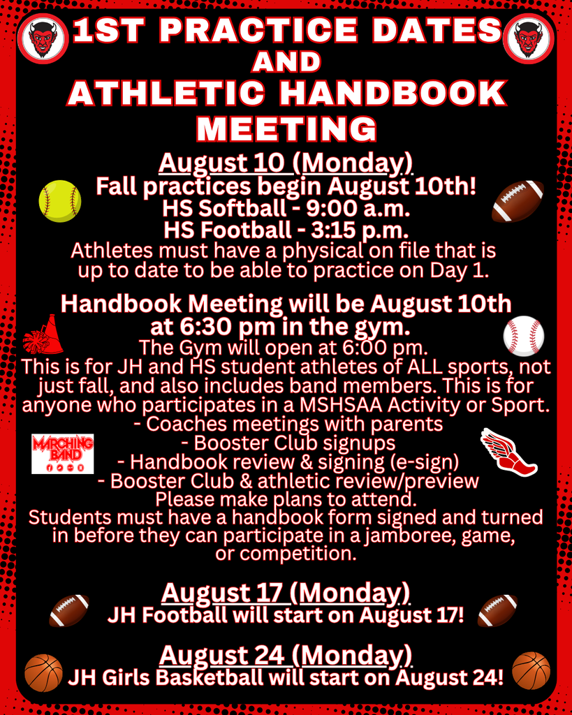 1st Practice Dates and Athletic Handbook Meeting August 2026
