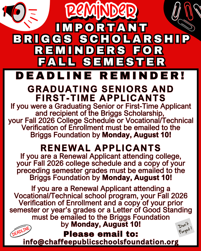Briggs Scholarship Fall Semester Renewal Reminders
