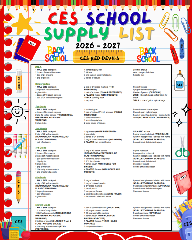 CES School Supply List 2026 2027