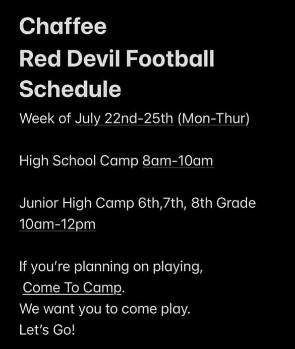 Chaffee Football Schedule July 22-25, 2024