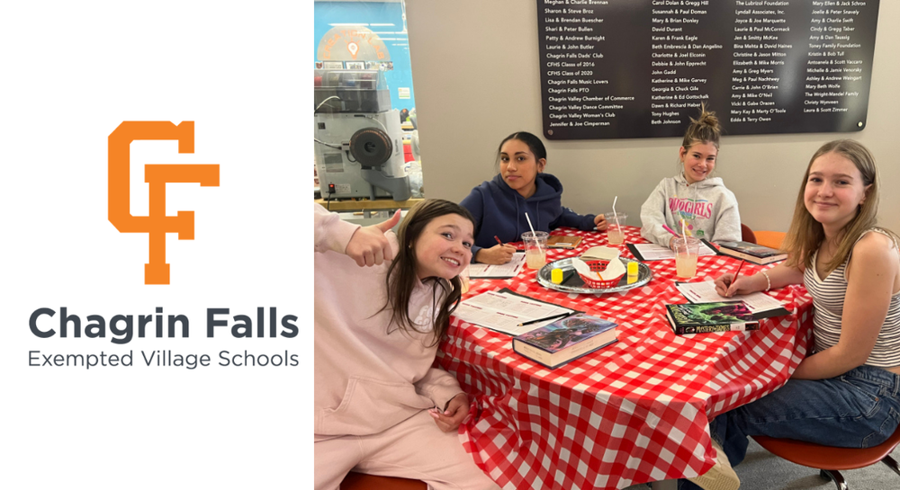 Chagrin Schools logo and students participating the  Book Tasting at the Middle School Innovation Center