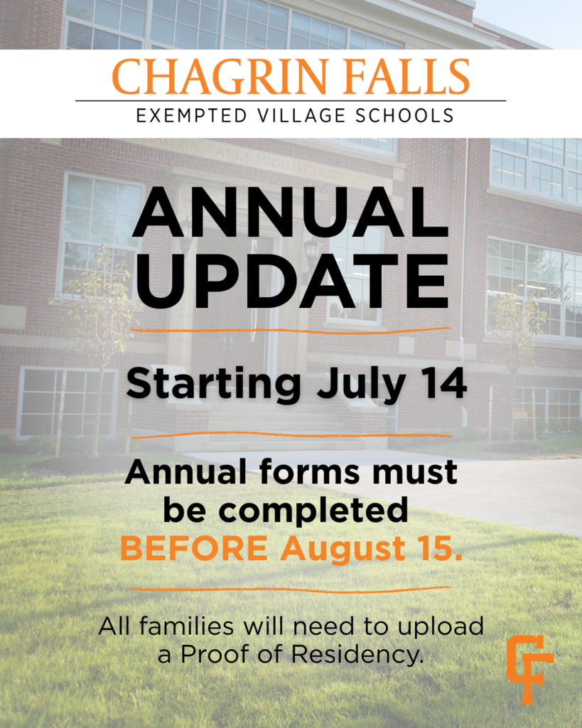 It's almost time for our Annual Update! Forms will be available in Infinite Campus starting July 14 and are due by August 15. FYI: As part of the Annual Update this year, each household must upload one form of Proof of Residency. Accepted documents include: Tax bill Mortgage or lease statement Signed purchase agreement Utility bill