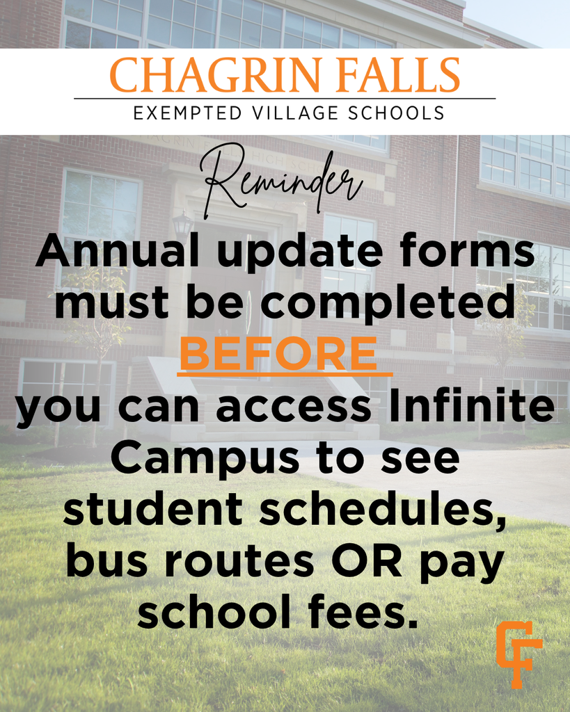 Annual update forms must be completed BEFORE you can access Infinite Campus to see student schedules, bus routes OR pay school fees.