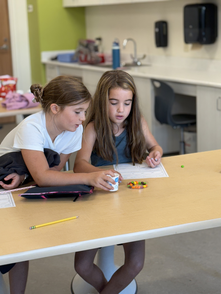 4th grade scientists observe and record skittles interacting with water in the CFIS Science lab.