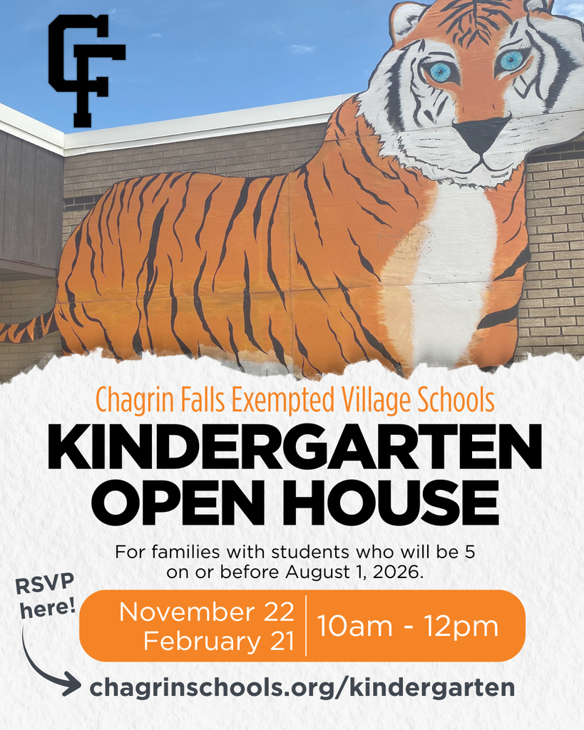 Chagrin Falls Schools Kindergarten Open House, Nov. 22 & Feb. 21, 10 a.m.–12 p.m. RSVP at chagrinschools.org/kindergarten.