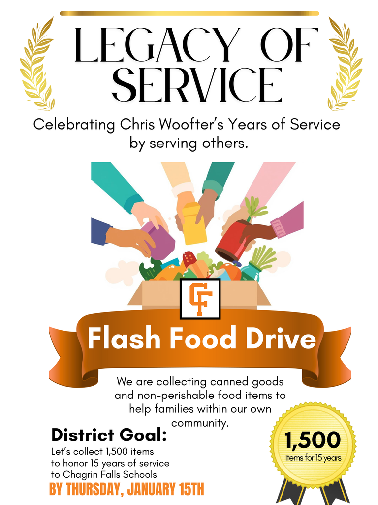 Legacy of service food drive january 12-15, drop off at any school building to celebrate the retirement of Chris Woofter. 