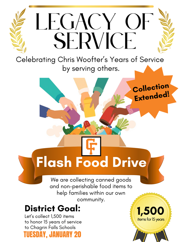 Due to the snow day, donations for the Legacy of Service food drive may be dropped off at any building office on Friday, January 16, 2026 OR at school on Tuesday, January 20, 2026.   Thank you for helping us honor Chris Woofter’s service to our schools by helping those in need!
