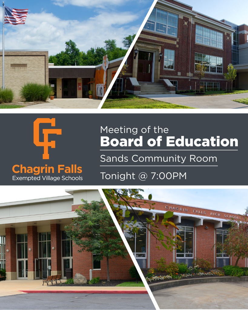 The Chagrin Falls Board of Education will meet tonight at 7:00pm in Sands Community Room on the 7-12 campus. A live stream of the meeting can be found on the district YouTube page.