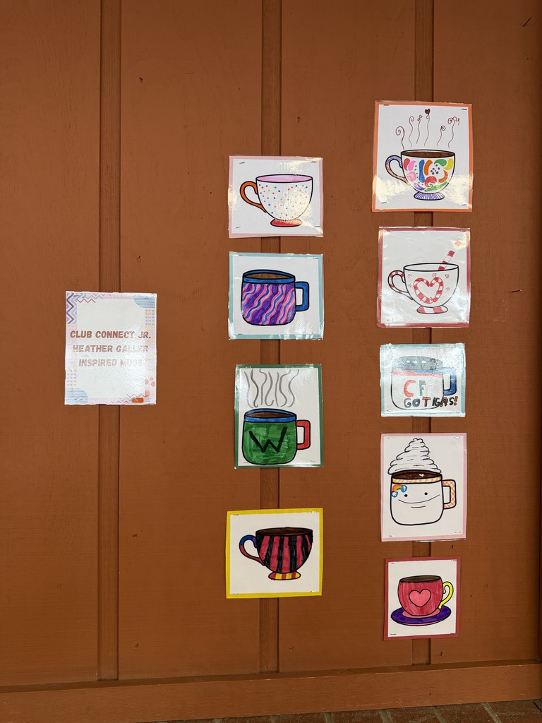Student artwork with colorful mugs inspired by the art of Heather Galler at Miles Market. 