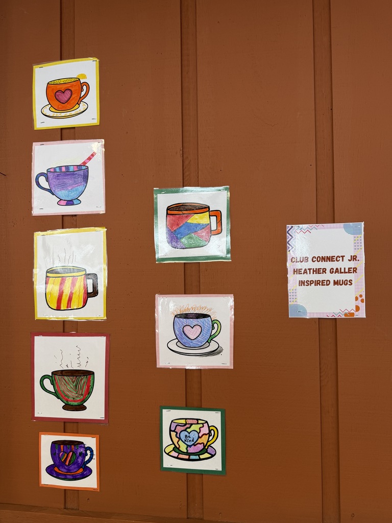 Student artwork with colorful mugs inspired by the art of Heather Galler at Miles Market. 