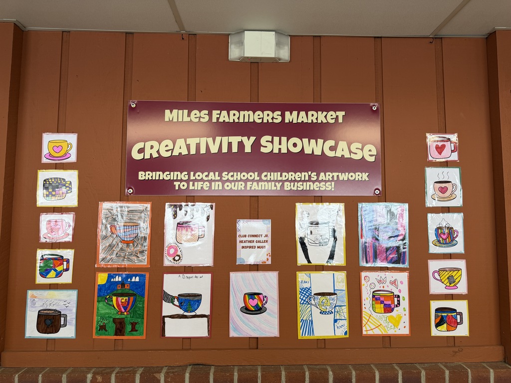 Student artwork with colorful mugs inspired by the art of Heather Galler at Miles Market. 