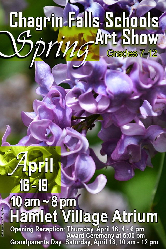 🌸 Chagrin Falls Schools Spring Art Show 🎨 Join us in celebrating the creativity and talent of our students in grades 7 through 12 at this year’s Spring Art Show! 📅 April 16 to 19 🕙 10 am to 8 pm 📍 Hamlet Village Atrium ✨ Opening Reception: Thursday, April 16, 4 to 6 pm 🏆 Award Ceremony: 5 pm 👨👩👧 Grandparents Day: Saturday, April 18, 10 am to 12 pm We hope to see you there as we honor the incredible work of our student artists! 🌟 #ChagrinSchools #CFtogether #ChagrinTigers #ChagrinFalls