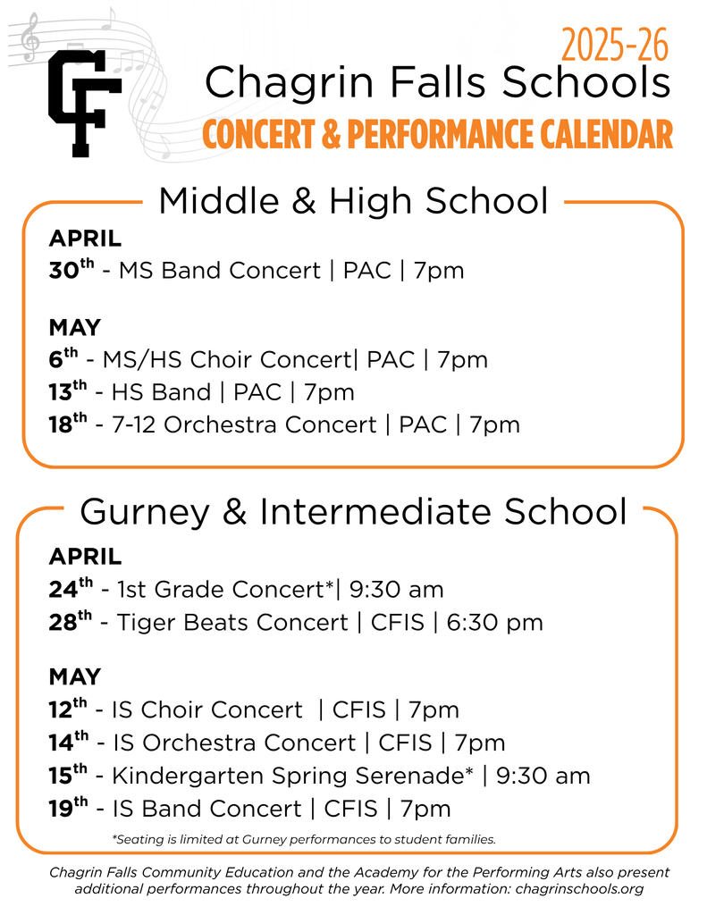 List of upcoming spring concerts. chagrinschools.org/calendar for a full list