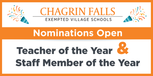Nominations open for teacher and staff member of the year. logo with celebration confetti.