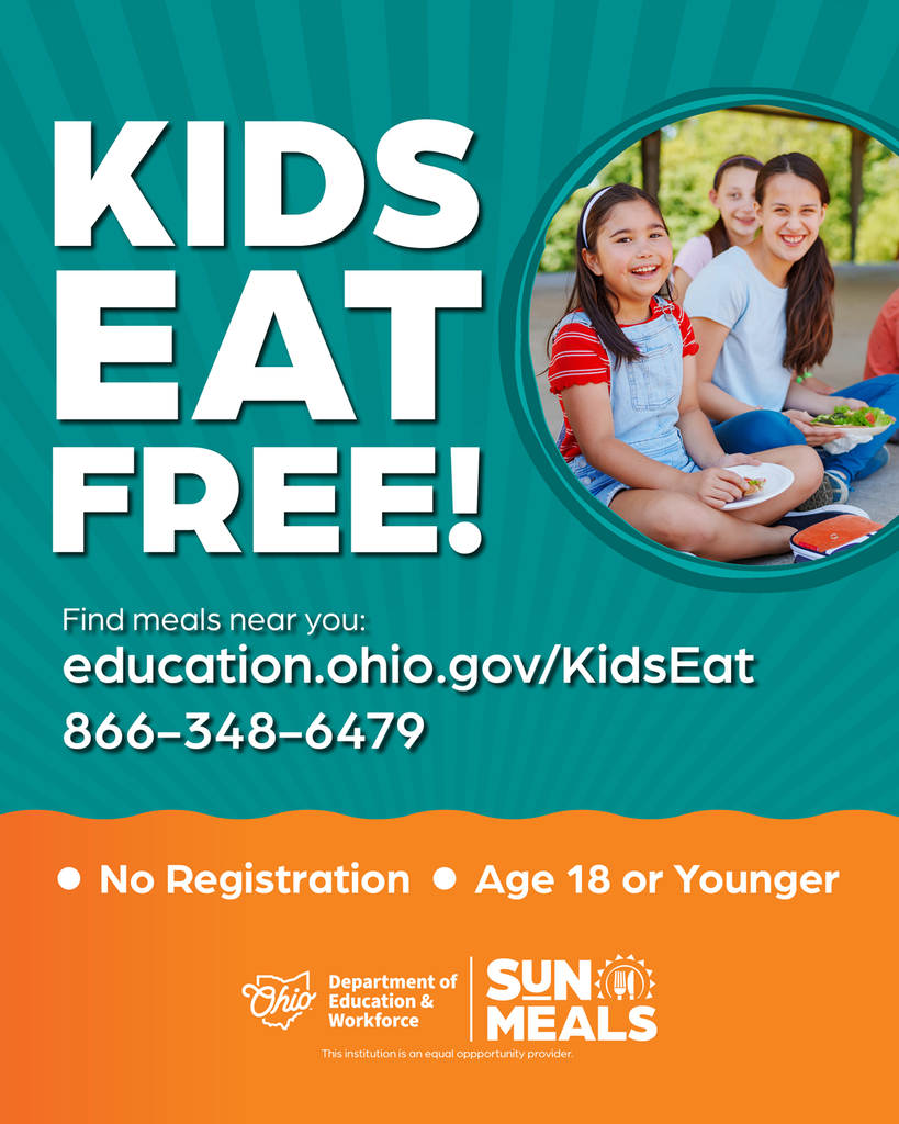Graphic promoting Ohio's SUN Meals program. Large white text reads "KIDS EAT FREE!" on a teal background. A photo shows children sitting outdoors enjoying a meal. Text states: "Find meals near you: education.ohio.gov/KidsEat or call 866-348-6479." An orange banner at the bottom reads: "No Registration • Age 18 or Younger." Logos for the Ohio Department of Education and Workforce and SUN Meals appear at the bottom, along with the statement: "This institution is an equal opportunity provider."