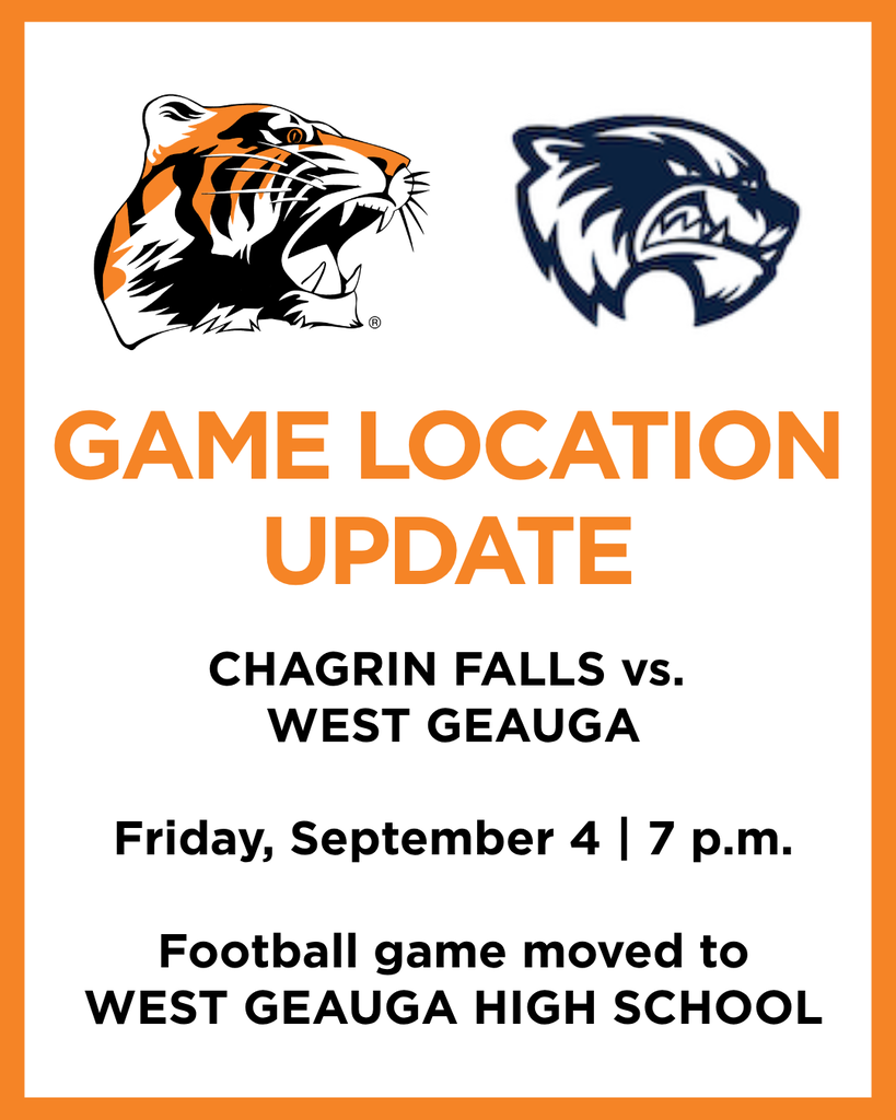Due to the ongoing power outage on our campus, tonight’s varsity football game against West Geauga has been moved to West Geauga High School. Kickoff will remain at 7:00 p.m.
