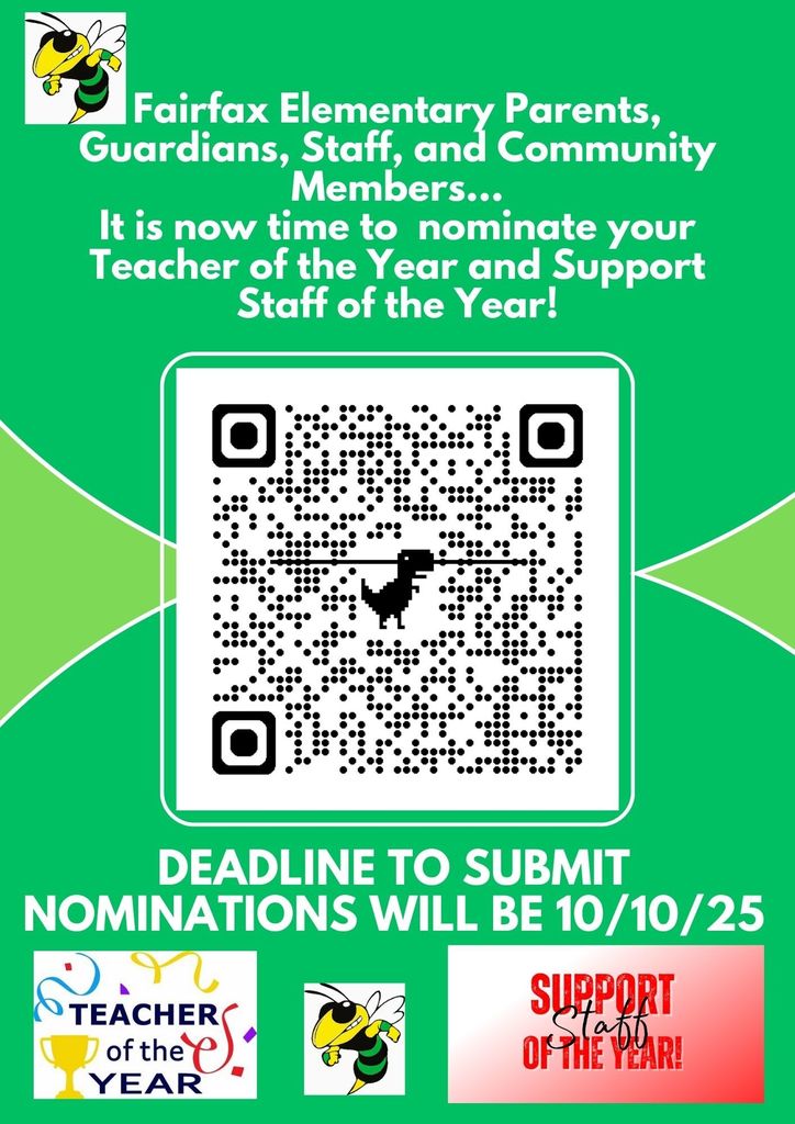 Please scan the QR Code to submit a nomination for Fairfax Teacher of the Year and Support Staff of the Year.
