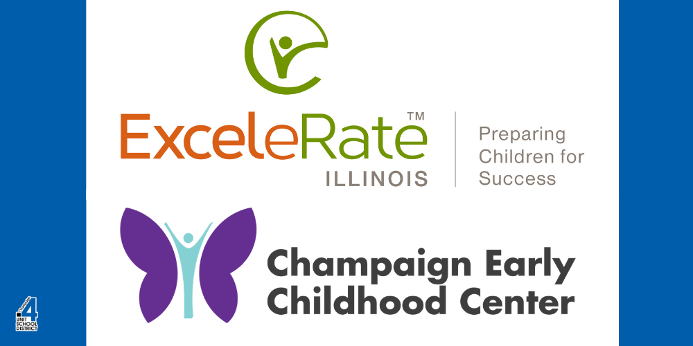 Logos for ExceleRate Illinois, Preparing Children for Success, and Champaign Early Childhood Center on a white and blue background.