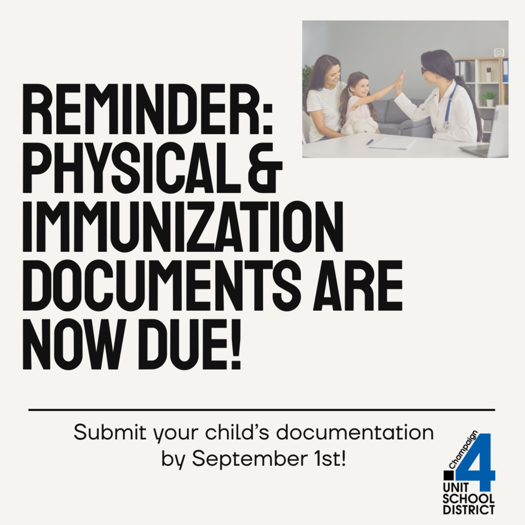 Reminder: Physical & immunization documents are now due! Submit your child’s documentation by September 1st!