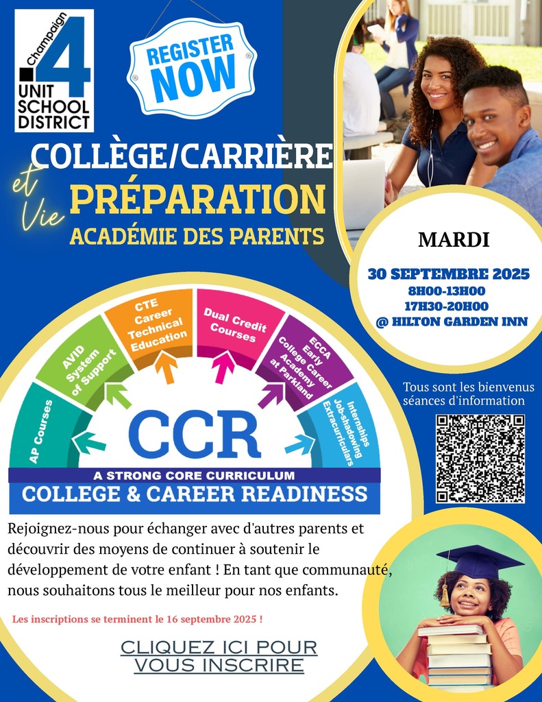 COLLEGE/CAREER READINESS PARENT ACADEMY TUESDAY SEPT. 30, 2025 8:00-1:00 5:30-8:00 @ HILTON GARDEN INN All Welcome to Attend Informational Sessions Please join us to connect with other parents and explore ways to continue supporting your child's growth! As a community, we all want the best for our children. Registration ends Sept. 16, 2025! 