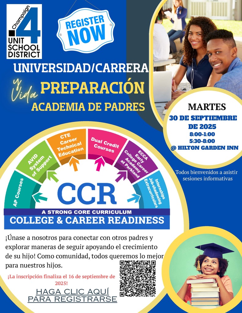 COLLEGE/CAREER READINESS PARENT ACADEMY TUESDAY SEPT. 30, 2025 8:00-1:00 5:30-8:00 @ HILTON GARDEN INN All Welcome to Attend Informational Sessions Please join us to connect with other parents and explore ways to continue supporting your child's growth! As a community, we all want the best for our children. Registration ends Sept. 16, 2025! 