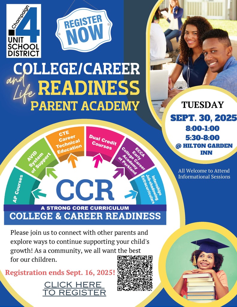 COLLEGE/CAREER READINESS PARENT ACADEMY TUESDAY SEPT. 30, 2025 8:00-1:00 5:30-8:00 @ HILTON GARDEN INN All Welcome to Attend Informational Sessions Please join us to connect with other parents and explore ways to continue supporting your child's growth! As a community, we all want the best for our children. Registration ends Sept. 16, 2025! 