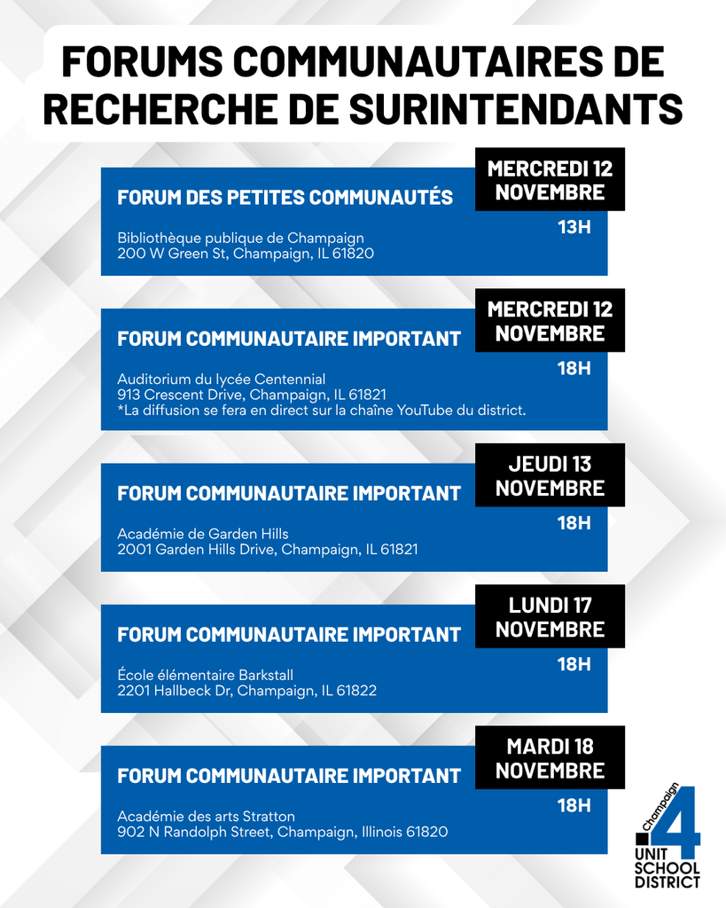 Graphique intitulé “Forums communautaires de recherche de surintendants.” Cinq événements sont répertoriés : Forum des petites communautés le mercredi 12 novembre à 13 h à la Bibliothèque publique de Champaign, 200 W Green St, Champaign, IL 61820. Forum communautaire important le mercredi 12 novembre à 18 h à l’Auditorium du lycée Centennial, 913 Crescent Drive, Champaign, IL 61821, diffusé en direct sur la chaîne YouTube du district. Forum communautaire important le jeudi 13 novembre à 18 h à l’Académie de Garden Hills, 2001 Garden Hills Drive, Champaign, IL 61821. Forum communautaire important le lundi 17 novembre à 18 h à l’École élémentaire Barkstall, 2201 Hallbeck Drive, Champaign, IL 61822. Forum communautaire important le mardi 18 novembre à 18 h à l’Académie des arts Stratton, 902 N Randolph Street, Champaign, Illinois 61820. Le logo du district scolaire Champaign Unit 4 figure dans le coin inférieur droit.