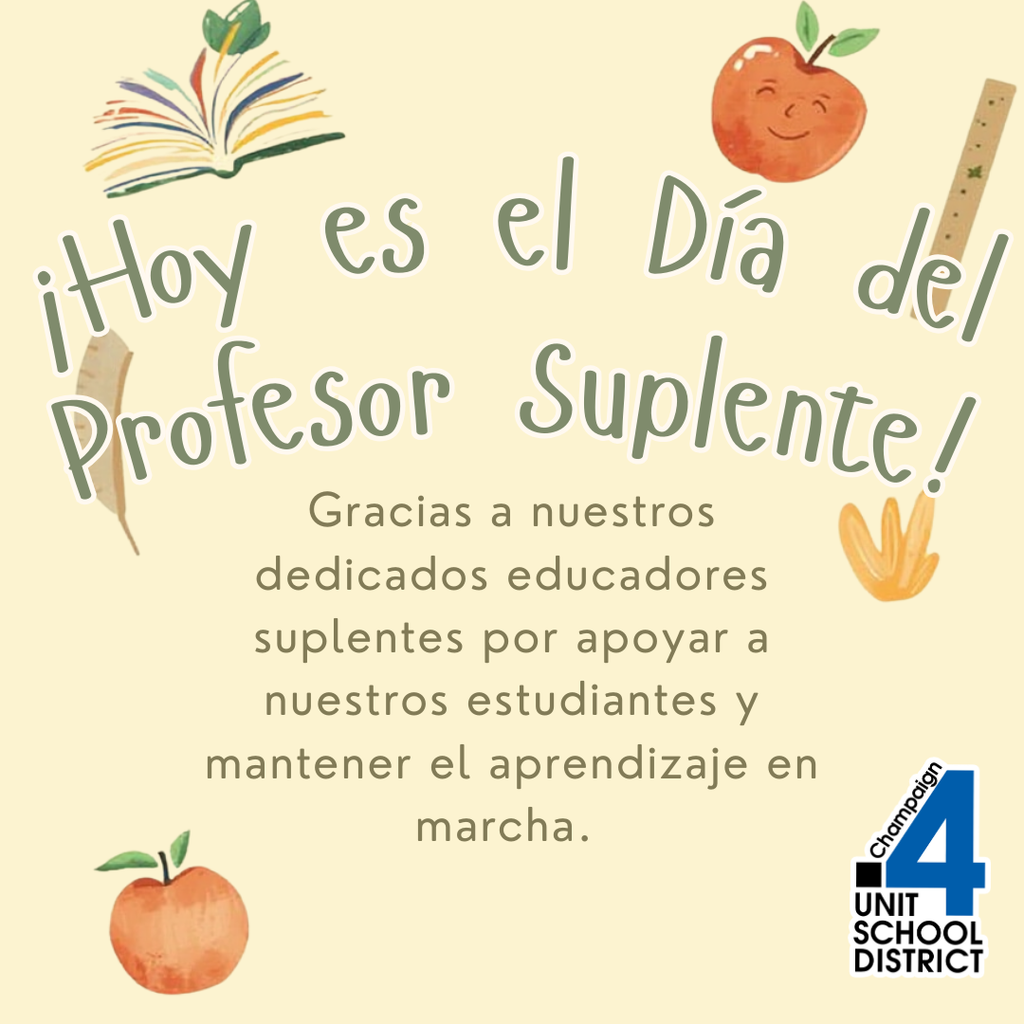 ¡Hoy es el Día del Profesor Suplente! Gracias a nuestros dedicados educadores suplentes por apoyar a nuestros estudiantes y mantener el aprendizaje en marcha.