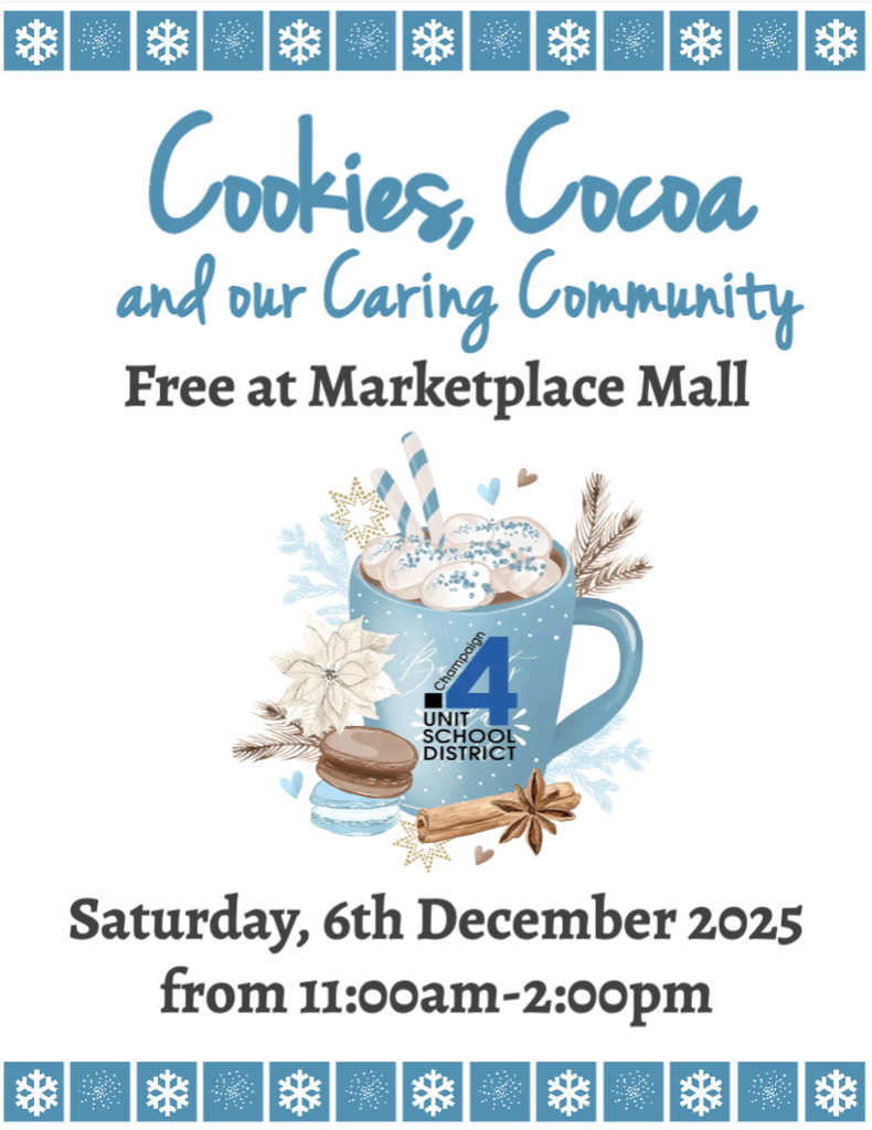 Graphic with a winter theme advertising ‘Cookies, Cocoa and our Caring Community – Free at Marketplace Mall.’ Illustration of a blue mug of cocoa with whipped cream, peppermint sticks, cinnamon, snowflakes, and the Unit 4 logo. Event details read: ‘Saturday, 6th December 2025 from 11:00am–2:00pm.’ Decorative snowflake border at the top and bottom.