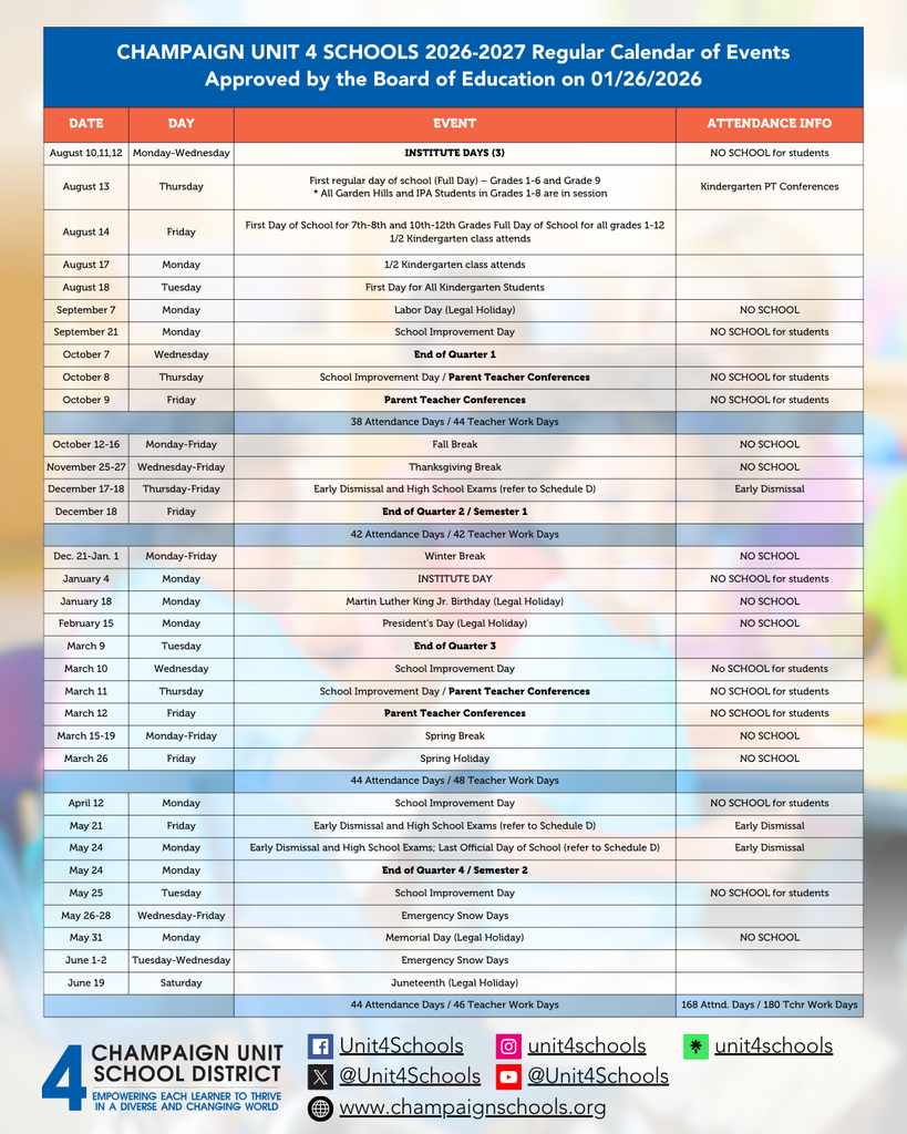 A list of all days off and early dismissal days