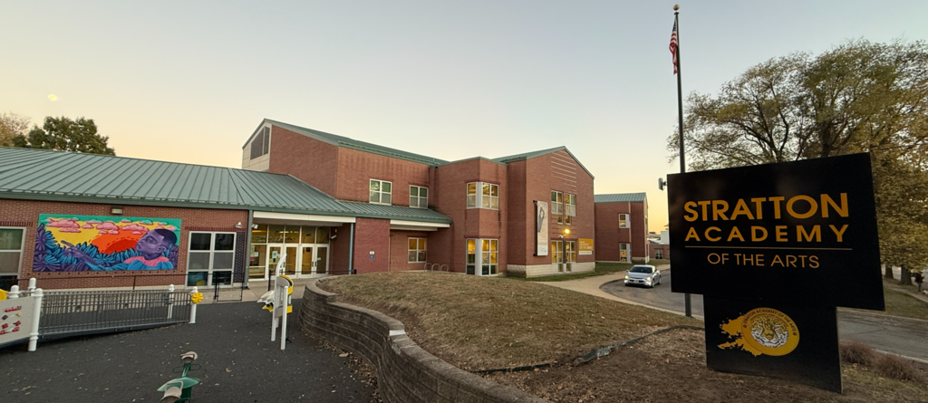 Stratton Academy of the Arts sign and outside of building.
