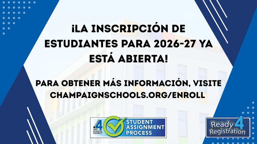 Blue and white banner with bold text in Spanish, "LA INSCRIPCIÓN DE ESTUDIANTES PARA 2026-27 YA ESTÁ ABIERTA!" Additional info at the bottom.