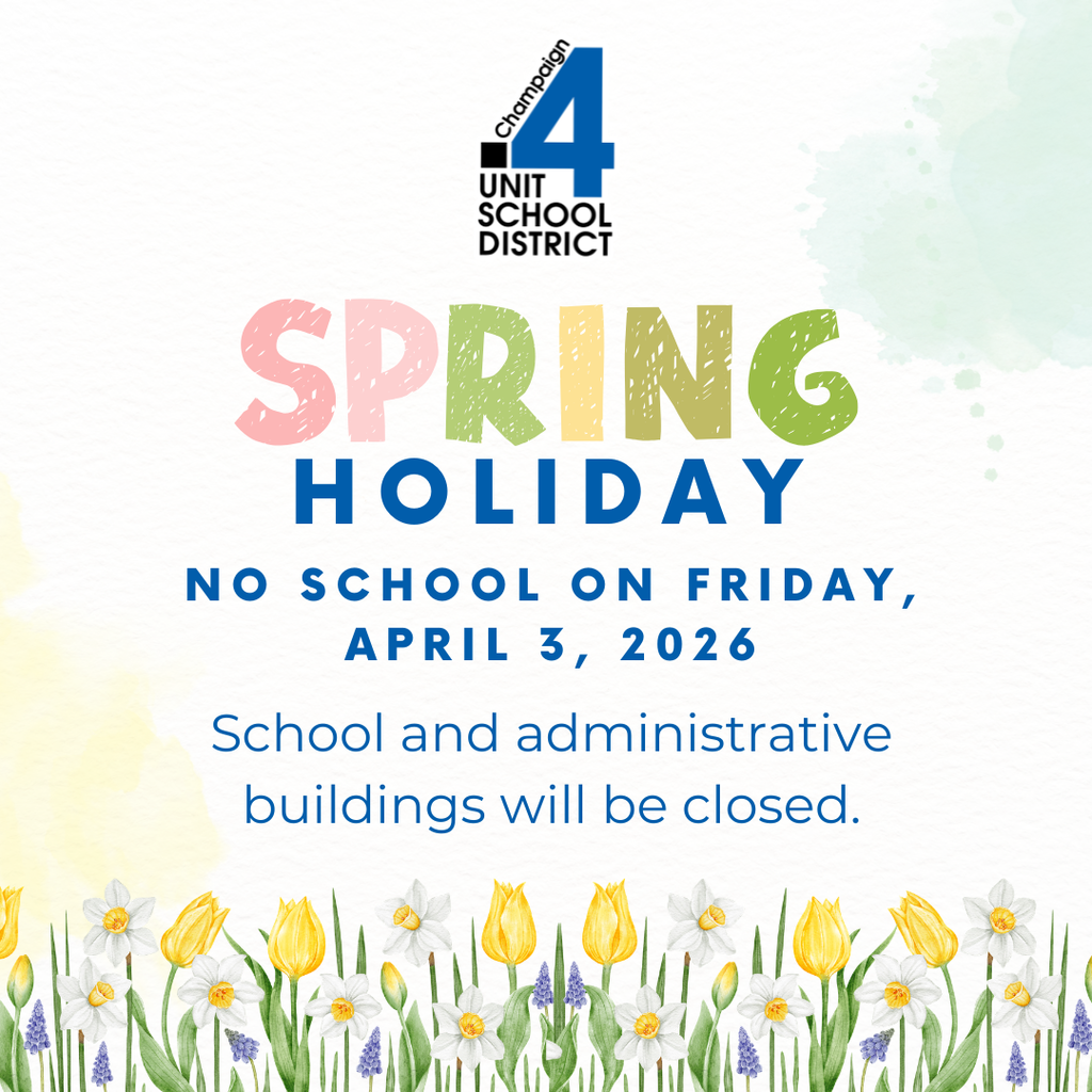 Notice with white and green background. Flowers at bottom. "Spring Holiday" and "No school on Friday, April 3, 2026" in bold.