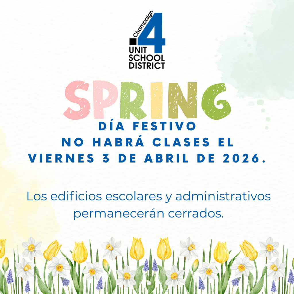 Poster with floral border and text in Spanish: "Spring Día Festivo. No habrá clases el Viernes 3 de Abril de 2026."