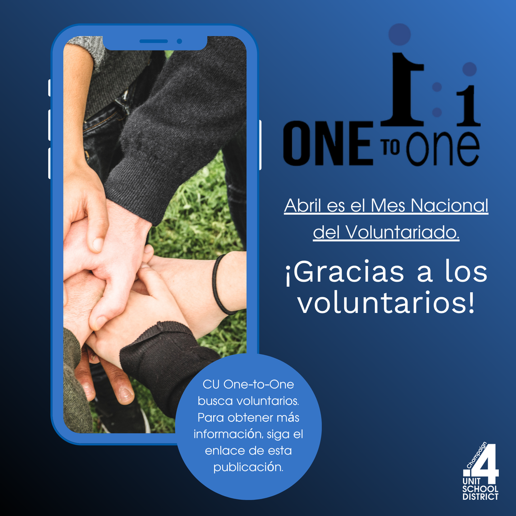 Blue background with text and phone image. Hands joined together, text in Spanish. "1:1 ONE TO ONE" and "iGracias a los voluntarios!"