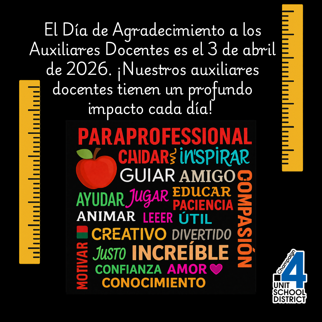 Text with a black background reads "El Dia de Agradecimiento a los Auxiliares Docentes es el 3 de abril de 2026." Words appear in different colors.