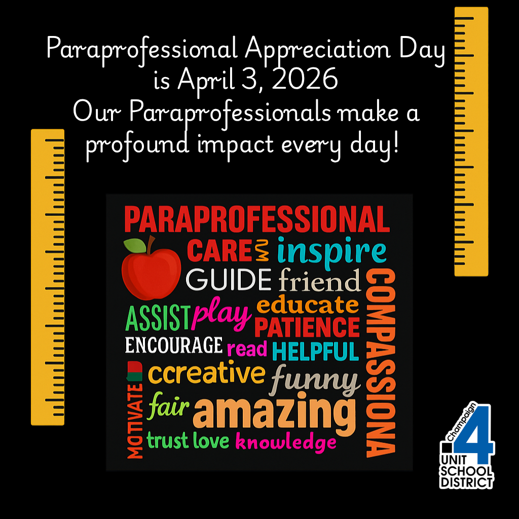 Black background displays text celebrating Paraprofessional Appreciation Day on April 3, 2026. Words are in various colors and sizes.