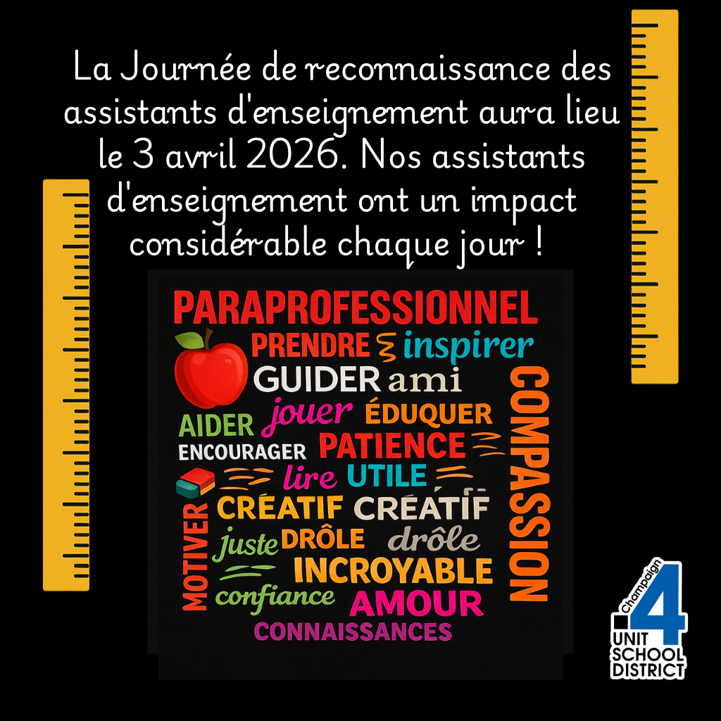 Text in French on a black background includes words related to teaching assistants, with a red apple and a ruler.