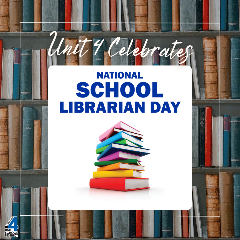 Bookshelves in background. A stack of books in foreground with text reading "Unit 4 Celebrates National School Librarian Day."