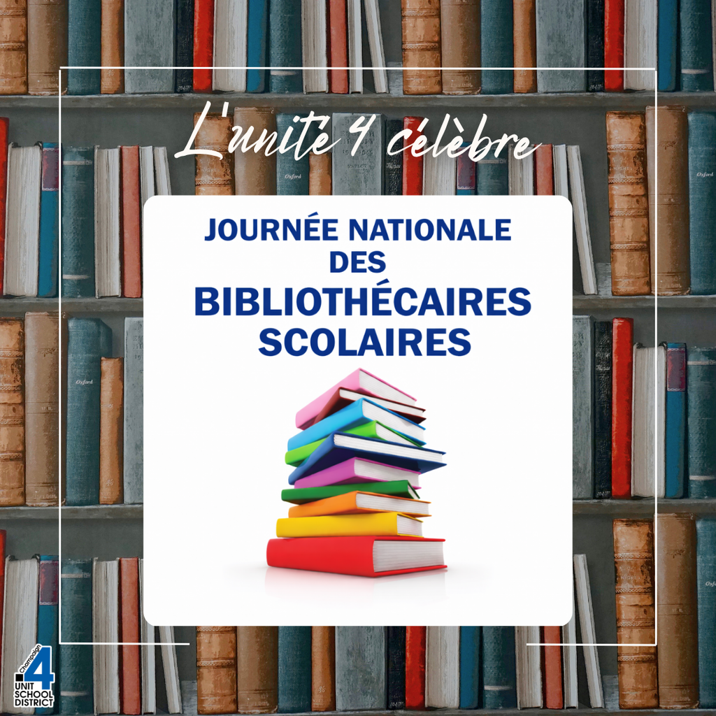 Poster with a stack of colorful books in front of a bookshelf. Text reads "Journée nationale des bibliothécaires scolaires".