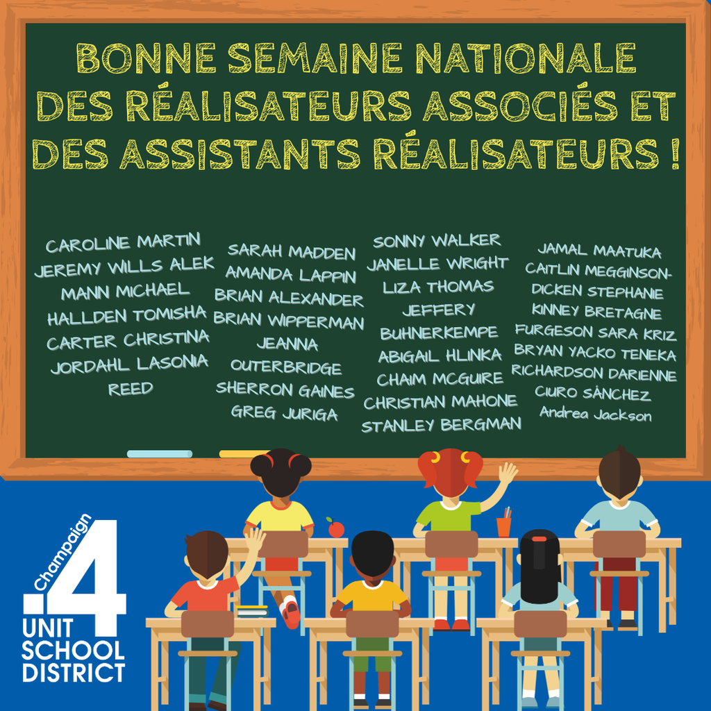 Children in classroom setting with chalkboard, names listed, text in French, "Bonne semaine nationale des réalisateurs associés et des assistants réalisateurs!"