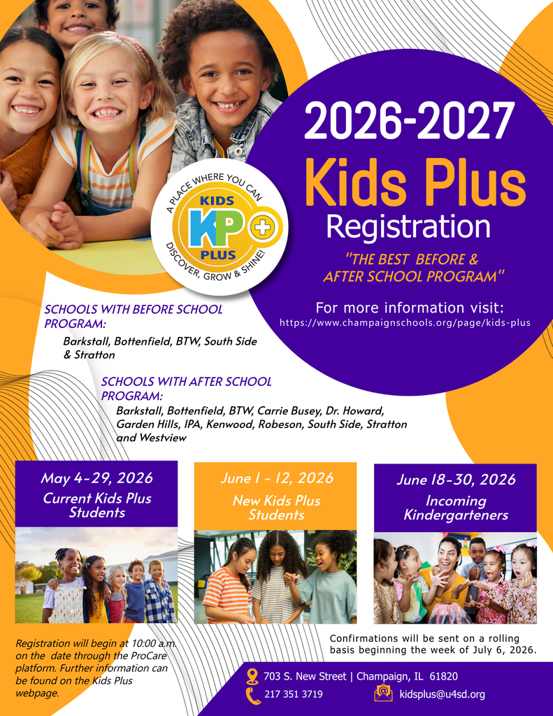 An event flyer details Kids Plus Registration for 2026-2027, featuring multiple dates and images of smiling children.
