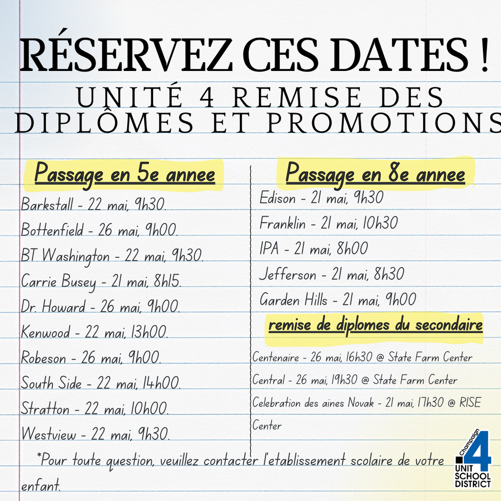 A table with text in French shows dates for diploma and promotion events. It has columns for different events and dates.