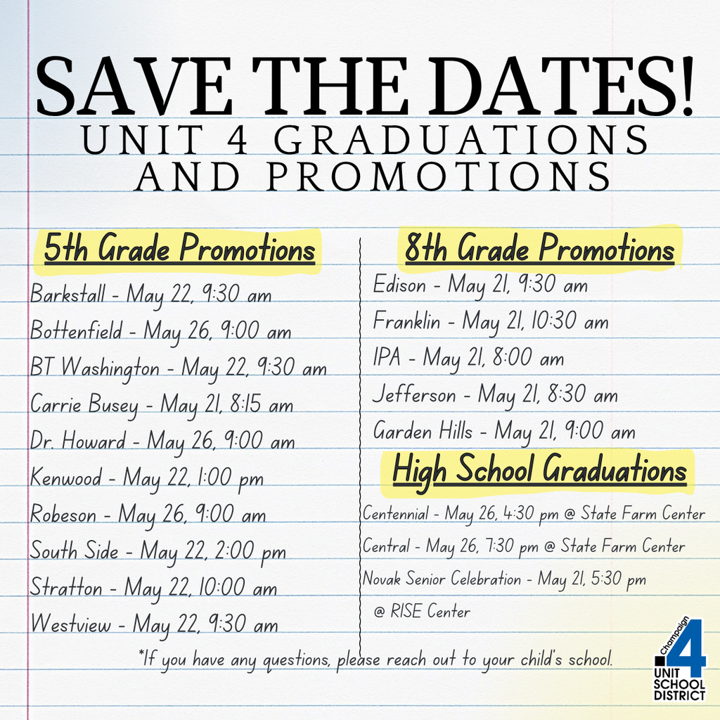 A document lists school graduations and promotions in various locations with dates and times.