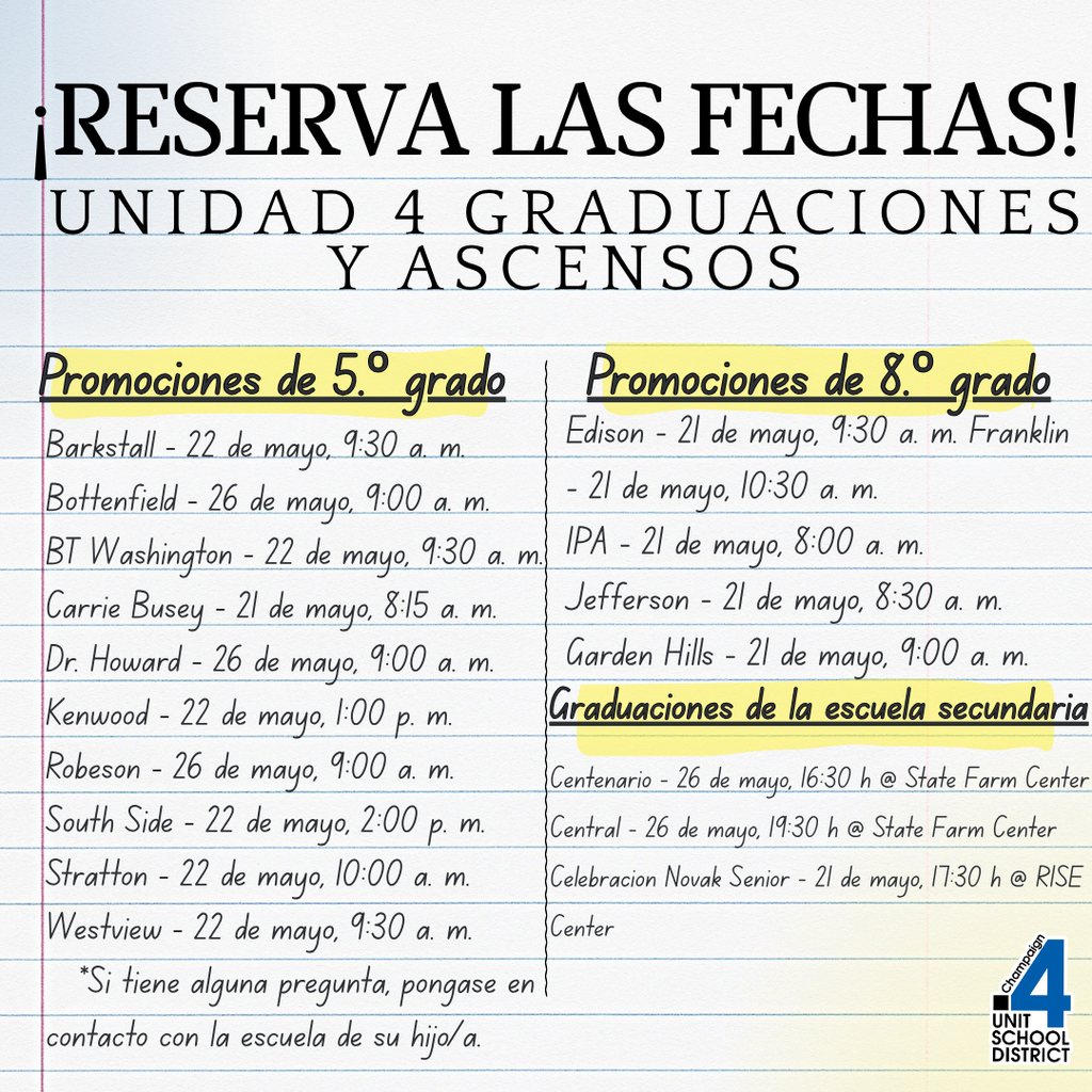 A schedule with dates and times for school events. It includes locations for grade promotions and secondary school graduations.