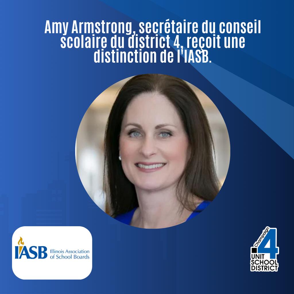 A woman smiles in a circular frame against a blue background. Text reads: "Amy Armstrong, secrétaire du conseil scolaire du district 4, reçoit une distinction de l'IASB."